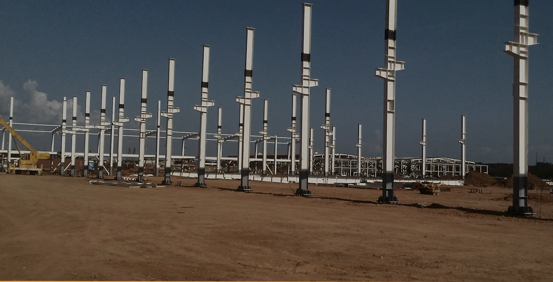 Steel columns erected and plumbed on their foundations