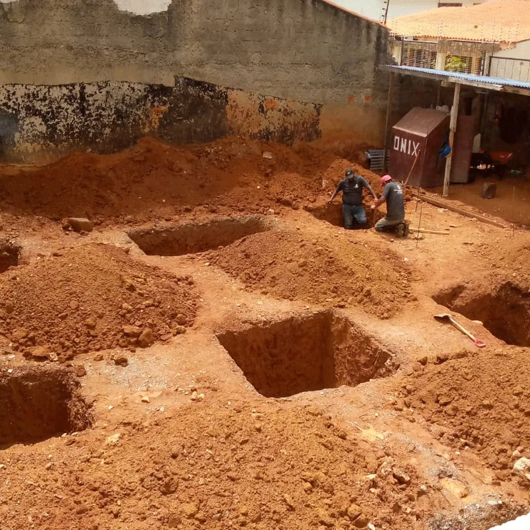 Aerial view of multiple foundation excavations